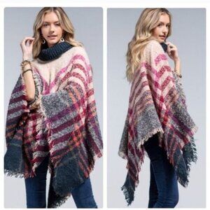 Soft Boucle Yarn Plaid Motif Turtleneck Poncho W/ Fringe-NEW